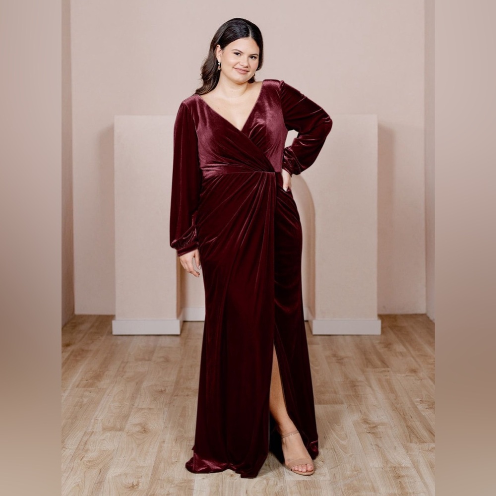 Revelry Long Sleeve Velvet Wrap Gown in Burgundy